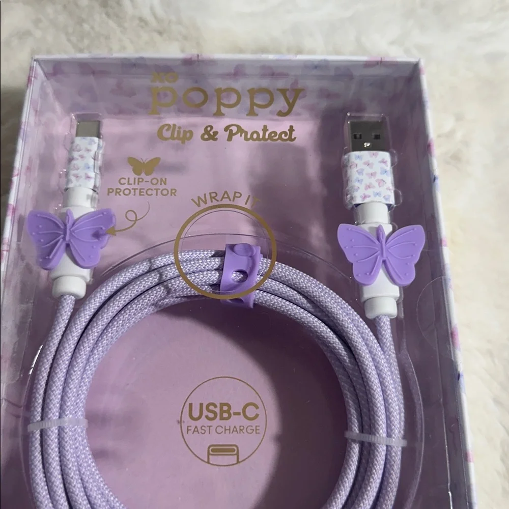 Xo poppy purple butterfly fast charger USB-A toUSB -C 10 ft phone charger